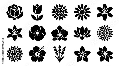 A collection of fifteen minimalist black floral icons featuring various species like rose tulip sunflower and lotus for graphic design projects and nature branding