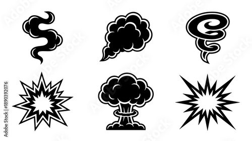 Collection of black and white comic style explosion symbols smoke clouds and mushroom cloud icons for action scenes motion graphics and creative graphic design projects