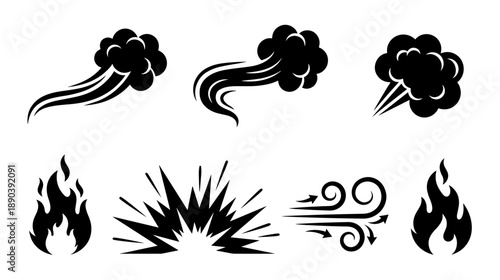 Collection of black comic style graphic elements featuring various smoke trails fire flames a sharp explosion burst and swirling wind symbols for creative design projects