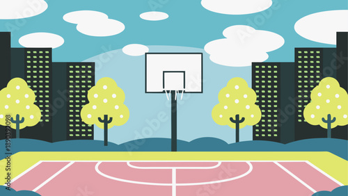 Cartoon basketball court with city and clouds view