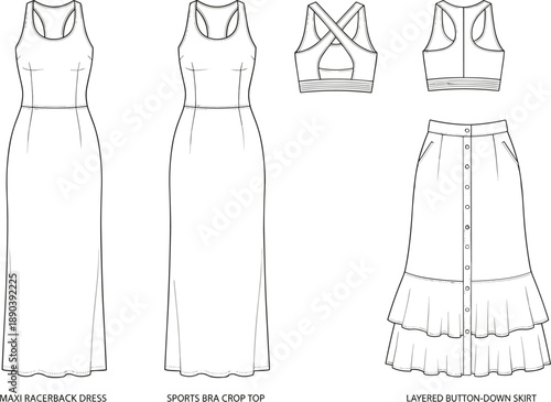 Technical fashion sketches of maxi dress, sports bra crop top, and layered skirt, garment design, apparel illustration, template