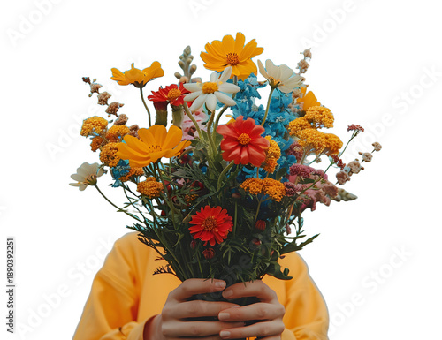 Holding a bouquet of colorful flowers isolated on white background High quality photo