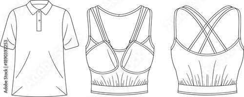 Technical fashion sketch of polo shirt, sports bra front and back view, garment design, sewing pattern reference