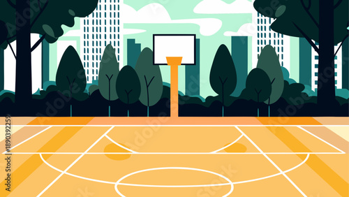 Basketball court with trees and city in background