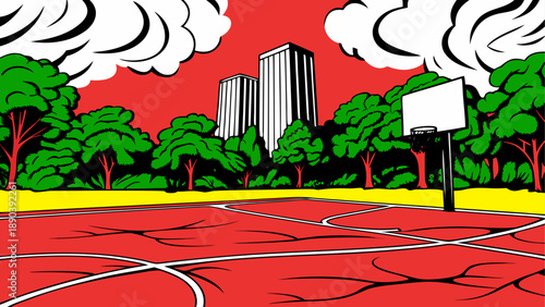 Basketball court with buildings and trees view