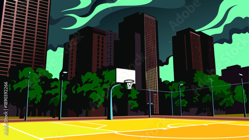 Basketball court in urban setting at dusk time