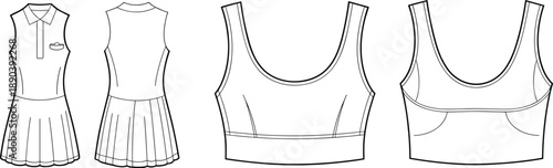 Women's athletic fashion sketch, tennis dress and sports bra technical drawing, front and back view, garment design illustration