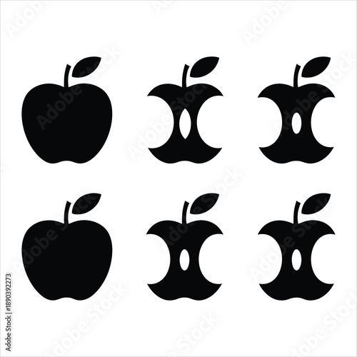 Black silhouette icons present whole ripe apples and multiple eaten apple cores