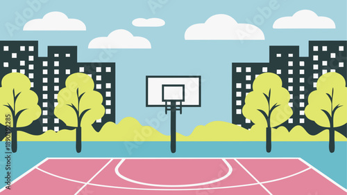 Basketball court with buildings and trees around it