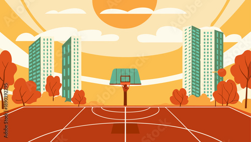 Basketball court with buildings and autumn trees
