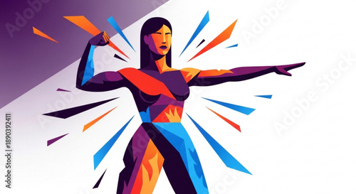 Woman in colorful outfit with arms outstretched dynamic abstract background