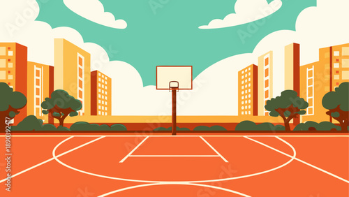 Basketball court with buildings and cloudy sky view