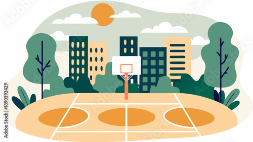 Basketball court in the city park with trees sun