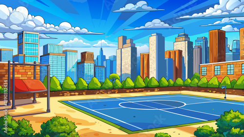 Cartoon city landscape with basketball court view
