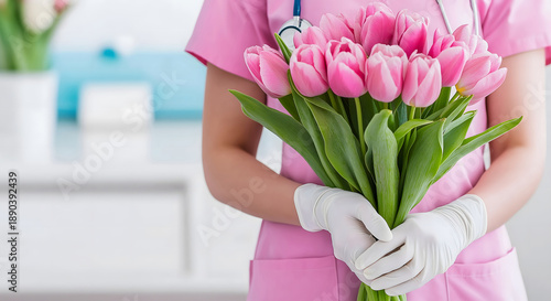 Female healthcare worker in pink scrubs holding a bouquet of pink tulips, showcasing compassion and care in a bright, modern medical environment with soft lighting