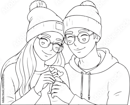 Couple in love wearing winter beanies and heart glasses, romantic line art illustration for coloring book