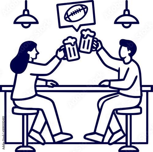 Man and Woman Toasting with Beer Mugs at Bar Counter Celebrating Sports Victory Line Art Graphic Design