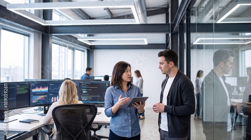 Diverse colleagues collaborating on a tablet in a modern tech office with data screens.