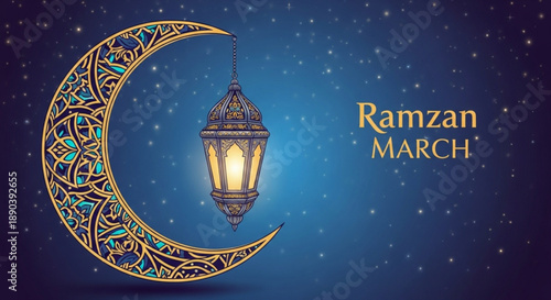 Ramadan crescent moon with lantern and stars background