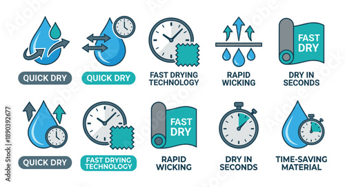 Quick dry fabric technology and rapid wicking icons