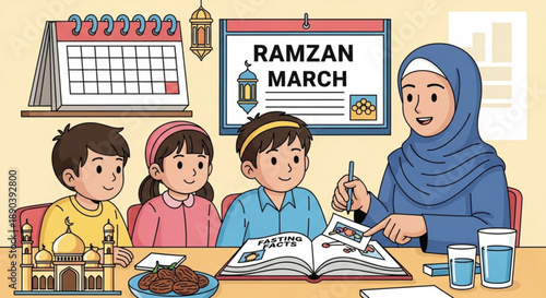 Muslim family with kids celebrating ramadan mother teaching children