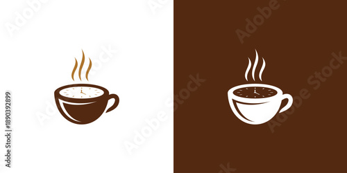 Coffee cup logo design with steam brown and white variations.