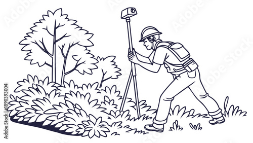 Land surveyor using total station instrument on tripod line art, GNSS Pole vector art illustration 