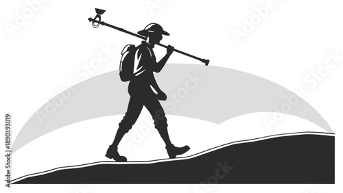 Black silhouette of a surveyor wearing a hat, carrying a long GNSS GPS pole over his shoulder and a backpack, walking uphill against a light gray background with a large arch, GNSS pole vector
