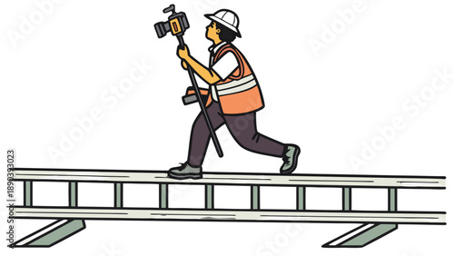 Colored illustration of a surveyor in an orange safety vest and white hard hat, standing on a ladder and looking up at a GNSS/GPS on a tripod, GNSS pole vector