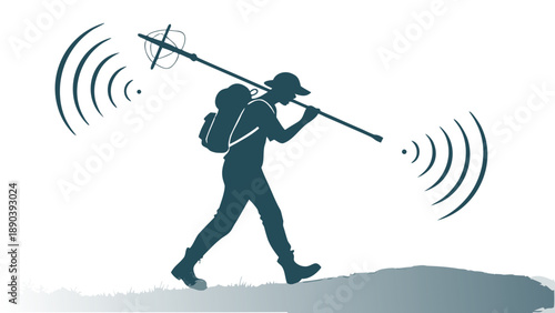 Surveyor silhouette walking with GNSS antenna pole and wireless signals,  GNNS/GPS Vector art