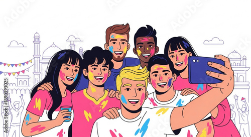 Diverse group of friends taking selfie with colorful holi paint