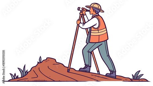 A man surveyor stands on a small dirt mound, looking through a surveying instrument mounted on a tripod, GNSS pole vector, GPS pole
