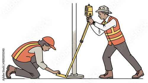 Two land surveyors in safety vests and hats working together. One man operates a total station on a tripod, GPS GNSS pole, while a woman kneels and measures the ground with a tape measure