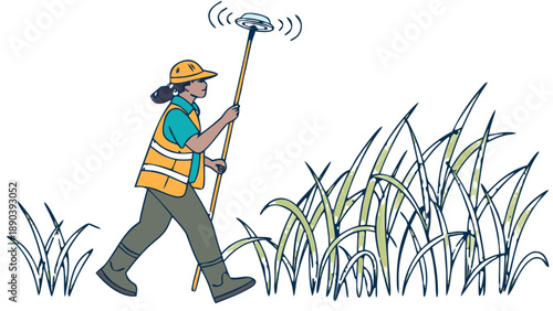 Female surveyor with GNSS rover pole walking in tall grass, GNSS pole vector art illustration 