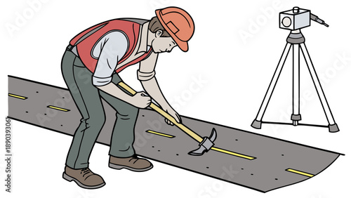 A colored illustration of a surveyor in a hard hat and red safety vest, bending over to use a pickaxe on an asphalt road. A total station on a tripod is set up nearby. GNNS/GPS Vector art