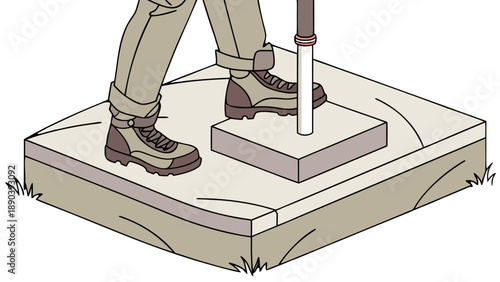 A close-up illustration of a land surveyor's booted feet standing on a square concrete base, holding a prism GNSS GPS pole
