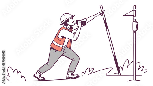 A colored illustration of a surveyor in a hard hat and orange safety vest, looking through a rangefinder and holding a prism pole, with another flagged pole in the distance, GNSS/GPS Pole vector arts