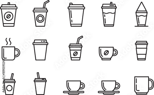 Various coffee and tea cups and glasses icons