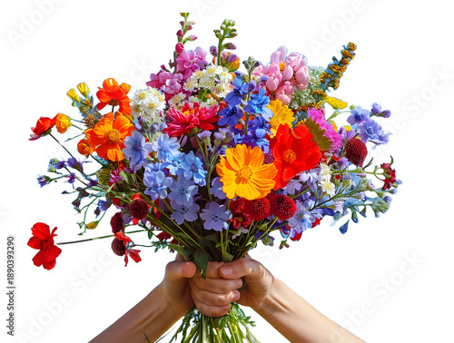 Holding a bouquet of colorful flowers isolated on white background High quality photo
