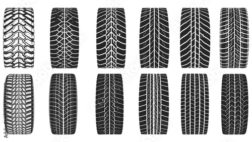 A collection of twelve distinct car tire tread patterns displayed in two rows for automotive applications.