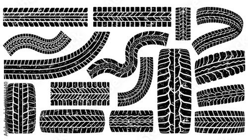 Collection of various black tire tracks and tire prints with grunge texture, showing different patterns and shapes on a white background.