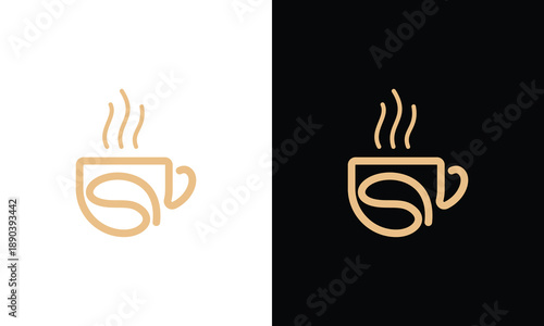 Minimalist Coffee Cup Logo Design in Gold Color on White and Black Backgrounds.