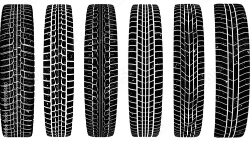 Six distinct black and white tire tread patterns showcasing various designs for vehicle traction and road grip.