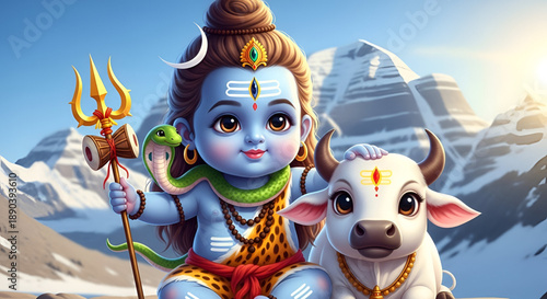 Divine baby Shiva with sacred Nandi in snowy Himalayan landscape holding trident and damru expressing devotion spirituality and Maha Shivratri faith