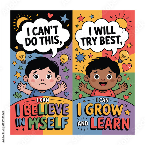 Contrasting split illustration shows children expressing self doubt versus a positive growth mindset