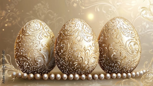 Luxurious easter eggs sparkling with diamonds, gold, and colorful gemstones stand on ornate golden stands