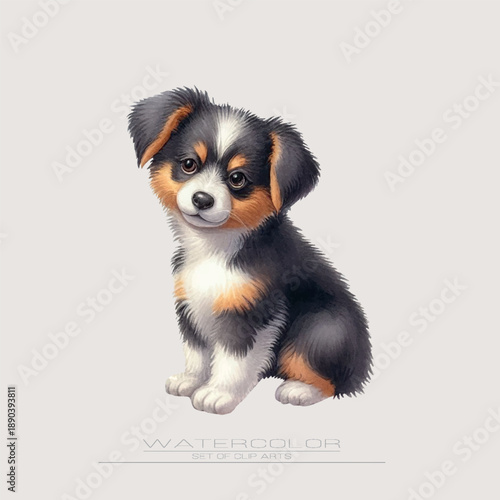 A watercolor vector puppy sitting calmly with a thoughtful gaze. Ideal for gentle, calm, and emotional illustrations.