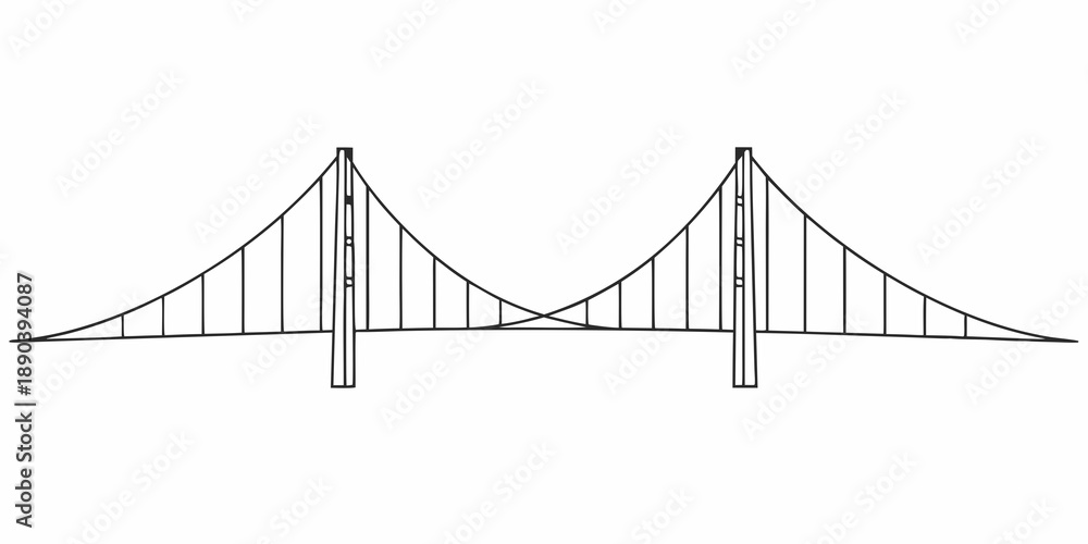 Fototapeta premium Simple line drawing of a suspension bridge with two towers