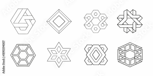 Geometric line art featuring interlocking shapes and optical illusions