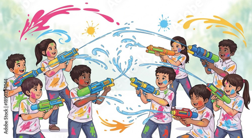 Children playing with colorful water guns on a sunny day outdoors